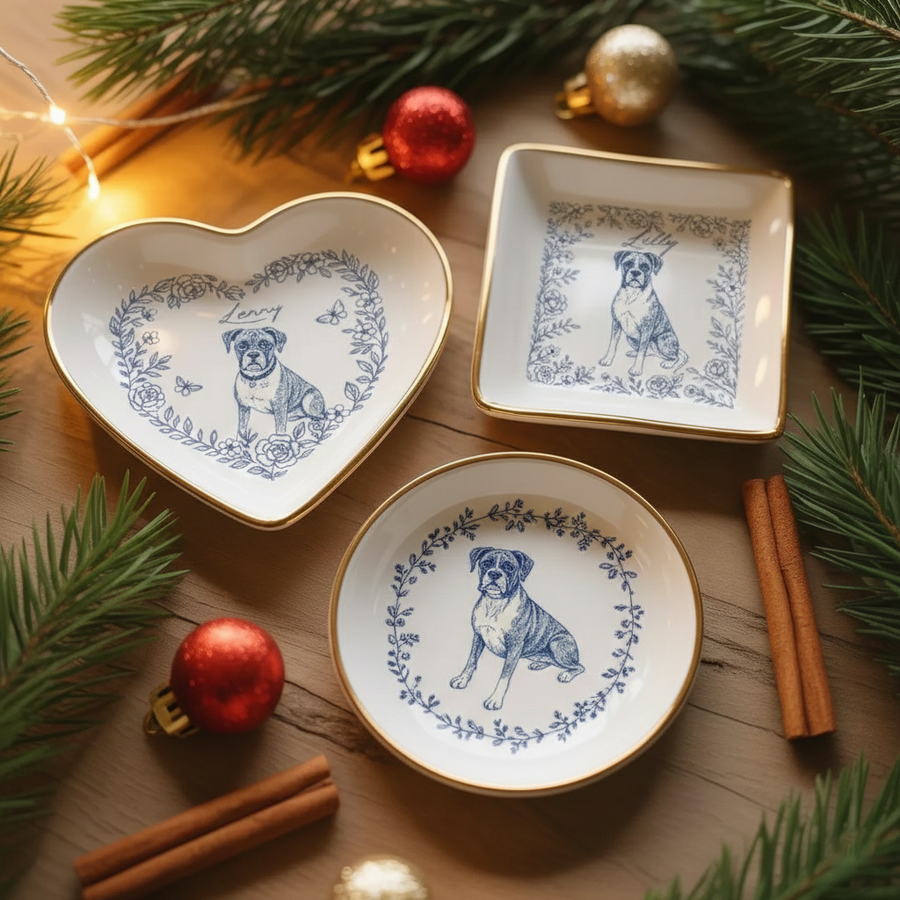Toile Pet Portrait Jewelry Dish With Name - Personalized Dog & Cat Ring Dish With Floral Wreath - Pet Mom Gift