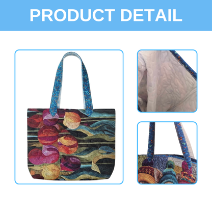 Cat Face Art Quilted Tote Bag - Colorful Tabby Cat Shoulder Bag - Gift For Cat Moms & Animal Lovers