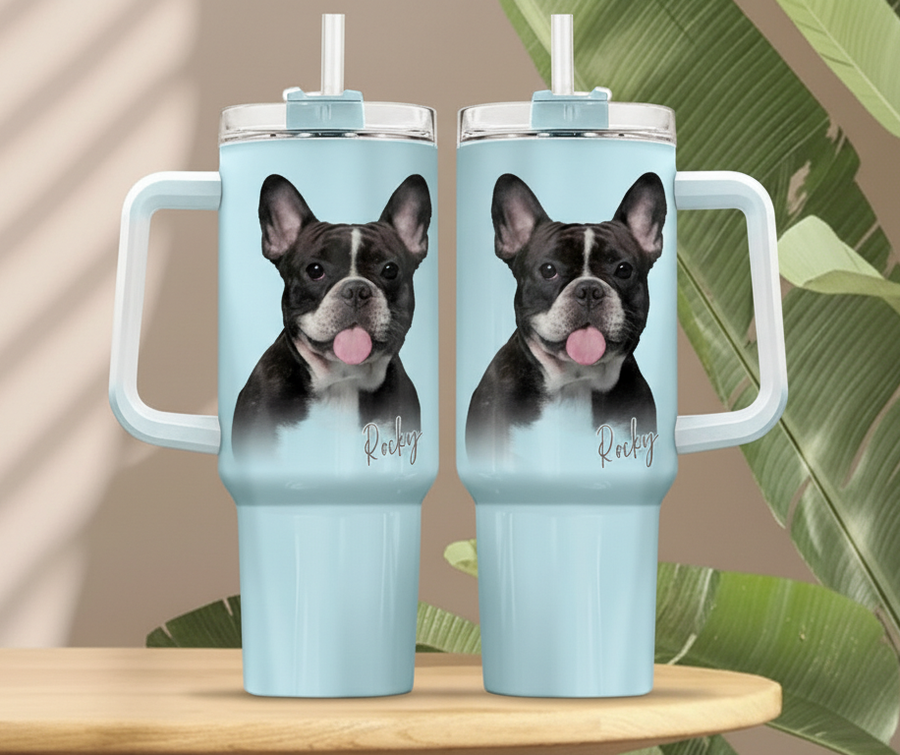Custom Pet Portrait Photo Tumbler With Name - Personalized 40 oz Dog Photo Cup With Straw - Dog Lover Gift