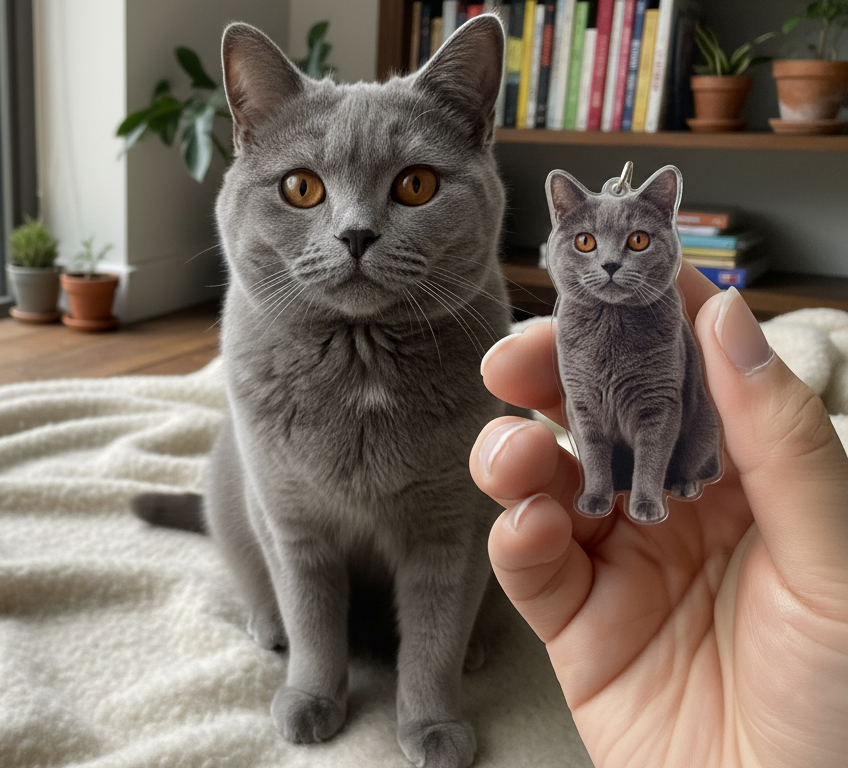British Shorthair Photo Keychain - Personalized Acrylic Cat Keychain Cut To Shape - Gift For Cat Lovers