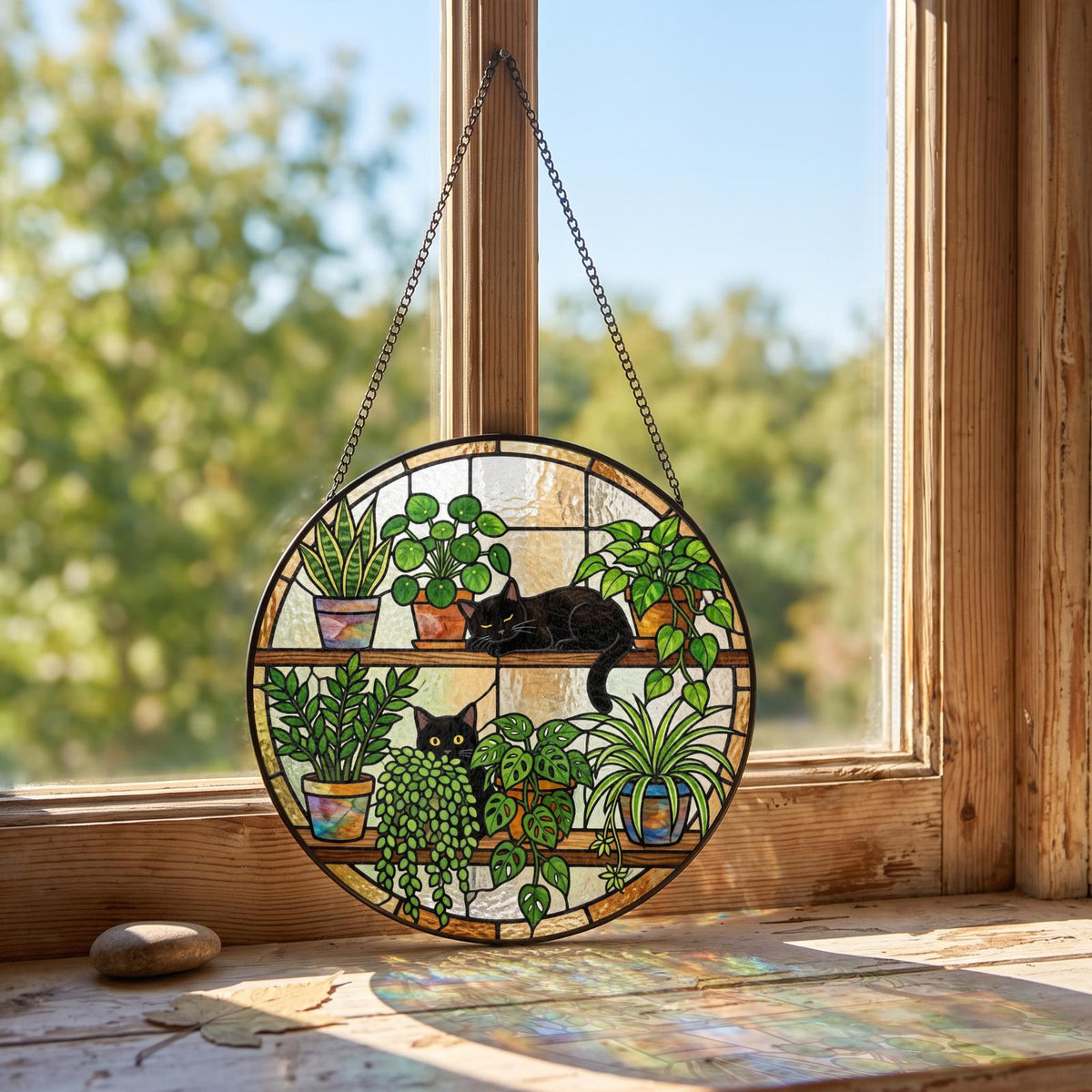 A circular stained glass suncatcher featuring two black cats resting among various potted green plants on two shelves. The piece is framed in dark metal and hangs from a thin metal chain, displaying vibrant colors and intricate details.