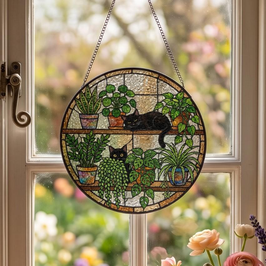 A circular stained glass suncatcher featuring two black cats resting among various potted green plants on two shelves. The piece is framed in a dark metal border and hangs from a silver-colored chain against a window pane.