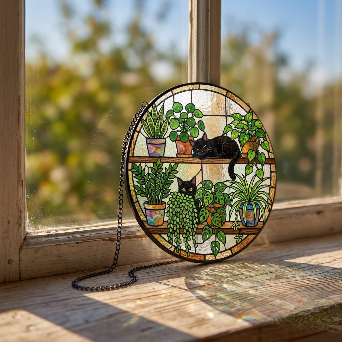 A circular stained glass suncatcher featuring two black cats resting on wooden shelves among various potted green plants. The piece is framed in a dark metal border and includes a matching black metal hanging chain for display.