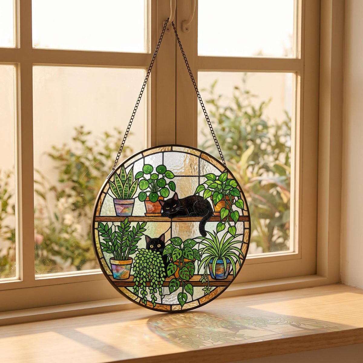 A circular stained glass suncatcher featuring two black cats resting among various potted green plants on two shelves. The piece is framed in dark metal and hangs from a thin metal chain, displaying vibrant colors and textures.