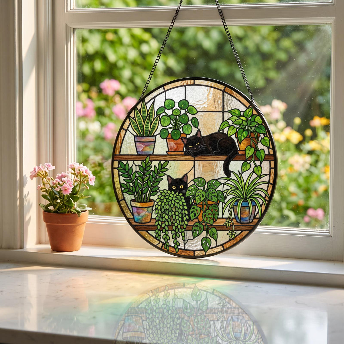 A circular stained glass suncatcher featuring two black cats resting on shelves among various potted green plants. The design includes a snake plant, a trailing string of pearls, and other leafy foliage, all framed in a dark metal border.