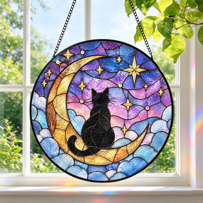 Whimsical Cat Moon Stained Glass Suncatcher - Personalized Cat Color & Name Window Hanging - Cat Lover Gift