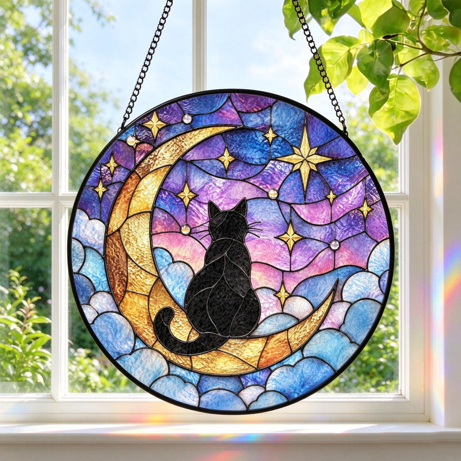 Whimsical Cat Moon Stained Glass Suncatcher - Personalized Cat Color & Name Window Hanging - Cat Lover Gift