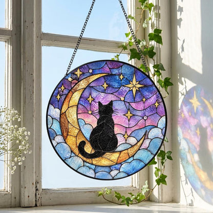 Whimsical Cat Moon Stained Glass Suncatcher - Personalized Cat Color & Name Window Hanging - Cat Lover Gift