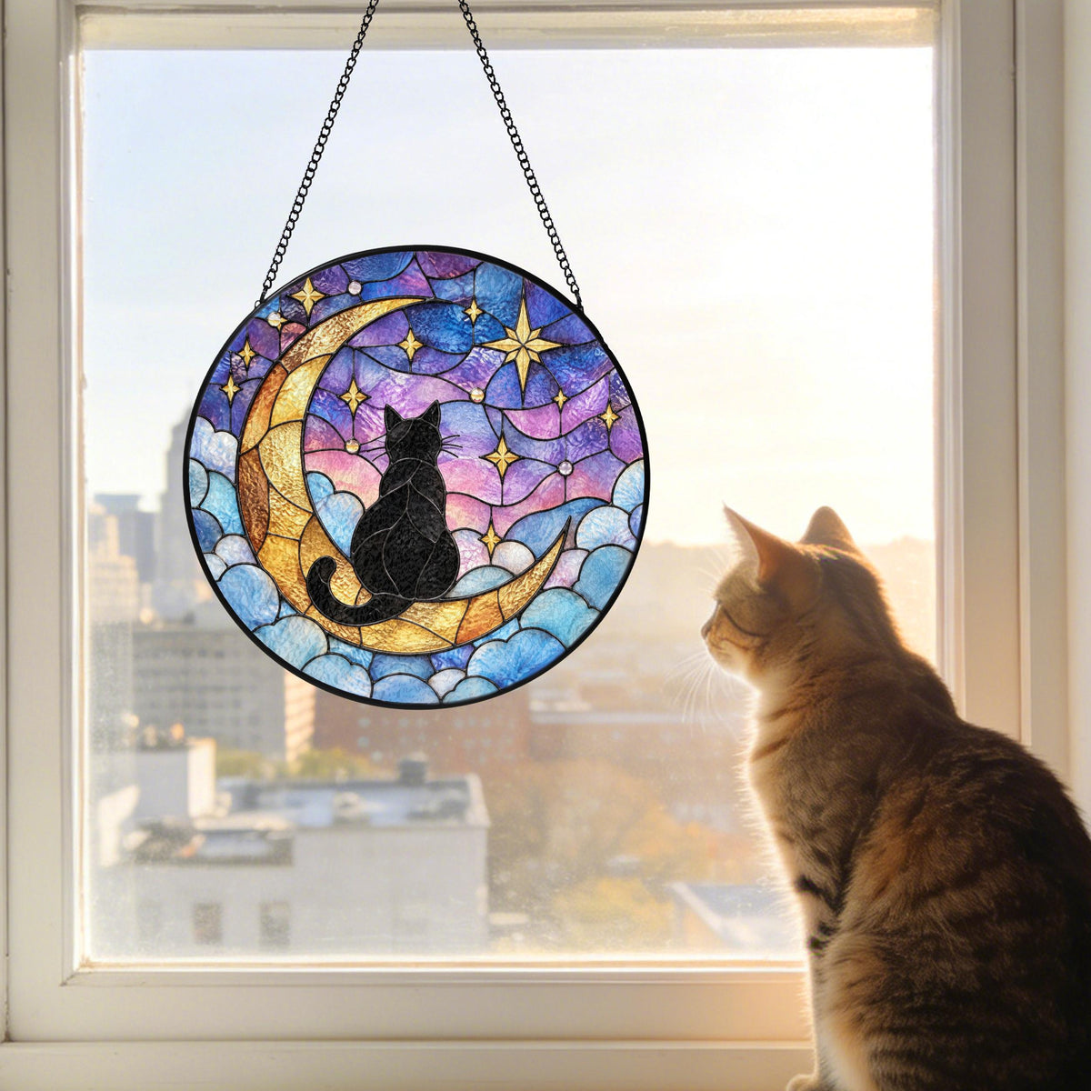 Whimsical Cat Moon Stained Glass Suncatcher - Personalized Cat Color & Name Window Hanging - Cat Lover Gift