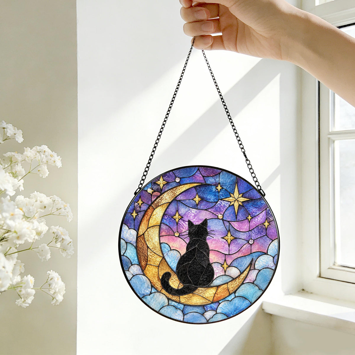 Whimsical Cat Moon Stained Glass Suncatcher - Personalized Cat Color & Name Window Hanging - Cat Lover Gift