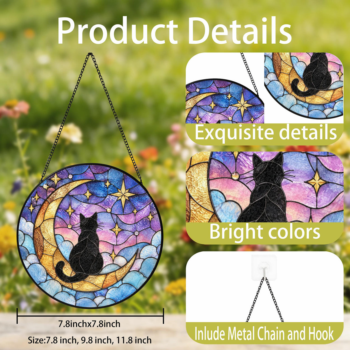 Whimsical Cat Moon Stained Glass Suncatcher - Personalized Cat Color & Name Window Hanging - Cat Lover Gift