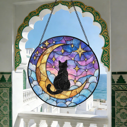 Whimsical Cat Moon Stained Glass Suncatcher - Personalized Cat Color & Name Window Hanging - Cat Lover Gift