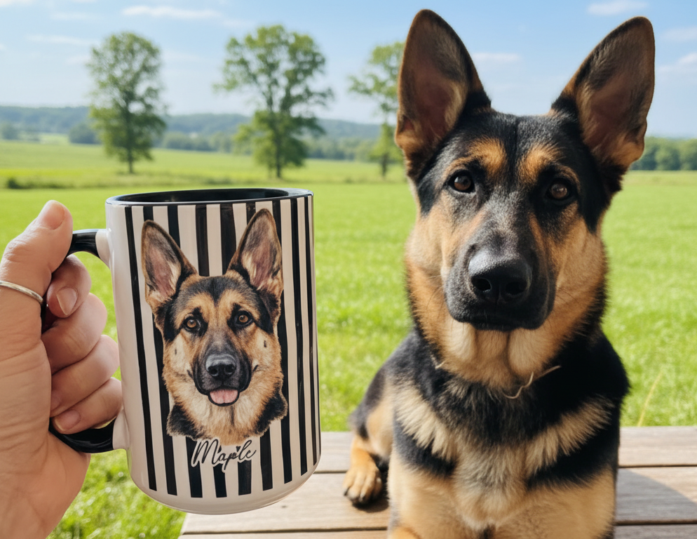 Watercolor Pet Portrait Striped Mug - Personalized Dog & Cat Coffee Mug With Name - Gift For Dog Lovers