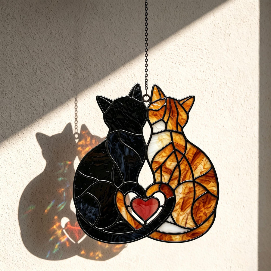 A stained glass suncatcher featuring two cats sitting side by side, one black and one orange tabby, with their tails curved to form a heart shape containing a small red glass heart in the center, suspended by a metal chain.