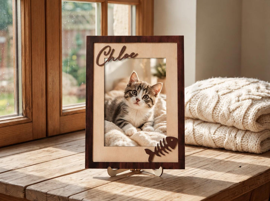 A rectangular wooden picture frame with a dark brown outer border and a light beige inner border. The name Chloe is cut out in dark wood at the top left, and a dark wooden fish skeleton icon is attached at the bottom right corner.
