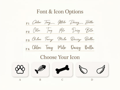 A chart titled Font & Icon Options displaying four rows of text styles labeled F1 through F4, each showing the names Chloe, Tony, Milo, Daisy, and Bella. Below, a section titled Choose Your Icon shows four black icons: a paw print, a fish skeleton, a bone, and angel wings, labeled A, B, C, and D.