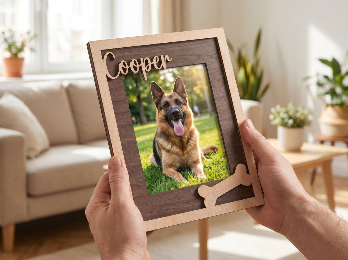 A rectangular wooden picture frame with a dark brown wood grain center and a light wood border. The frame features the laser-cut name Cooper in script font at the top and a small bone-shaped cutout at the bottom right corner.