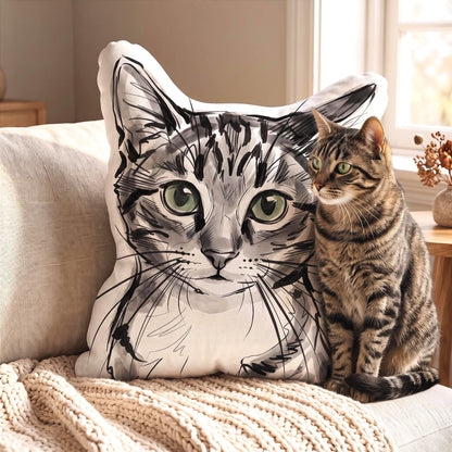 A white throw pillow featuring a black and gray ink-style illustration of a cat face with large green eyes. The pillow has a die-cut shape that follows the outline of the cat's ears and head, creating a distinct silhouette.