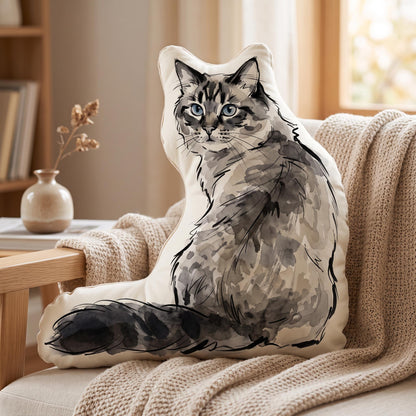 A die-cut throw pillow shaped like a sitting cat. The pillow features an off-white background with a watercolor-style illustration of a grey and black tabby cat with blue eyes, long fur, and a long tail extending along the bottom edge.