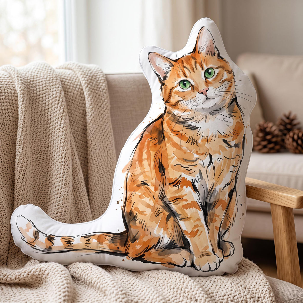 A die-cut throw pillow shaped like a sitting orange tabby cat. The illustration features a watercolor-style orange and white cat with green eyes, dark stripes, and a long tail extending to the left, printed on a white background.