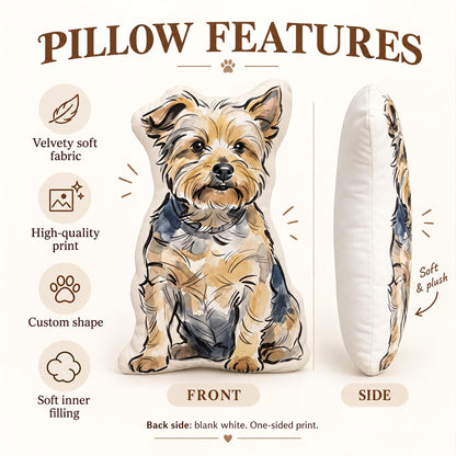 A custom-shaped pillow featuring a watercolor-style illustration of a Yorkshire Terrier. The front displays the dog in tan and black tones, while the side view shows a plush white profile. Text includes PILLOW FEATURES, FRONT, SIDE, and details about fabric, print, and filling.