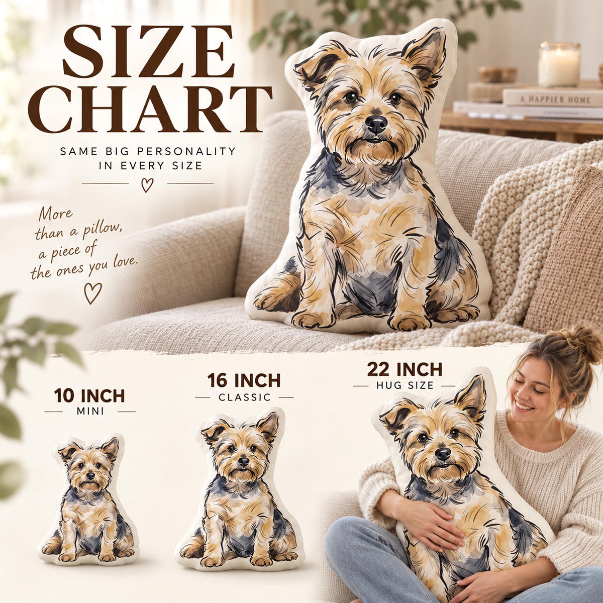 A size chart for custom dog-shaped pillows featuring a watercolor illustration of a Yorkshire Terrier. The text reads SIZE CHART, SAME BIG PERSONALITY IN EVERY SIZE, More than a pillow, a piece of the ones you love, 10 INCH MINI, 16 INCH CLASSIC, and 22 INCH HUG SIZE.