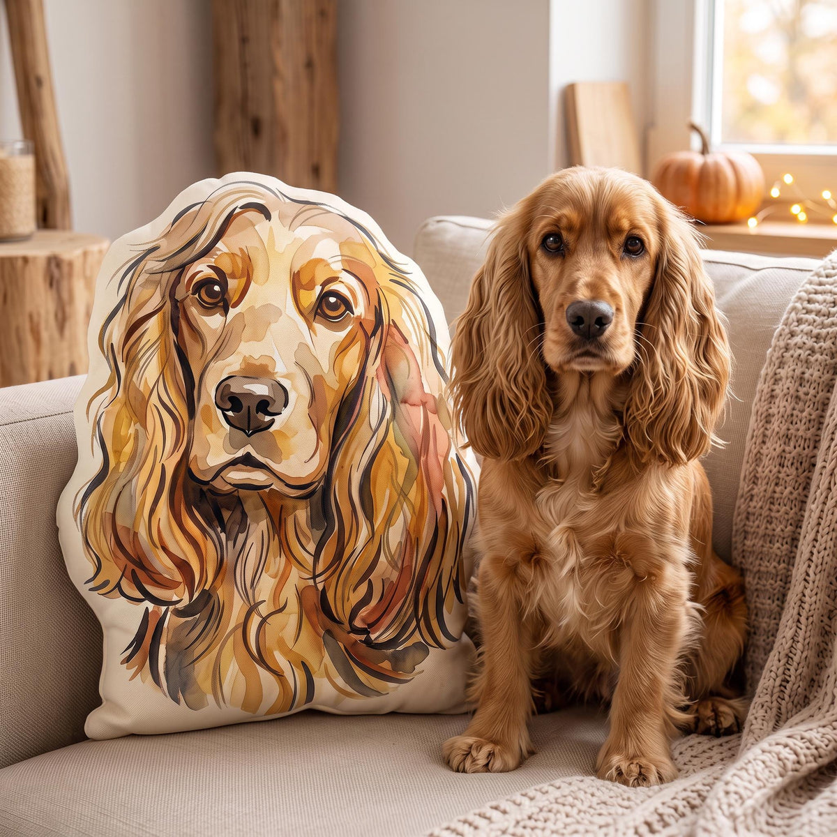 A die-cut throw pillow featuring a watercolor-style illustration of a golden-brown spaniel dog with long, wavy ears, positioned next to a live golden-brown spaniel dog with matching long, wavy ears and a light-colored coat.