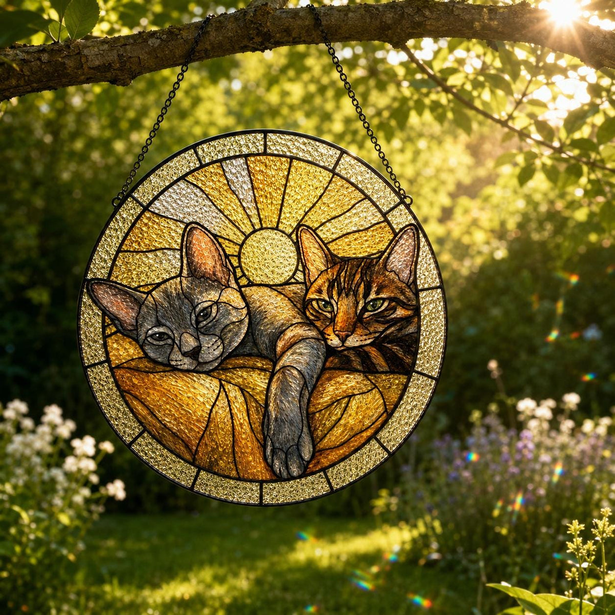 A circular stained glass suncatcher featuring two cats resting on a textured golden surface. The background depicts a radiating sunburst pattern in shades of yellow and amber. The piece is framed in black metal and hangs from a chain.