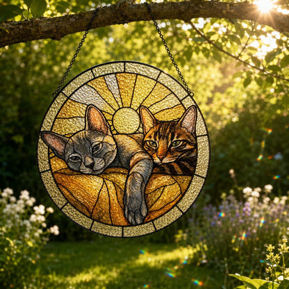 A circular stained glass suncatcher featuring two cats resting on a textured golden surface. The background depicts a radiating sunburst pattern in shades of yellow and amber. The piece is framed in black metal and hangs from a chain.