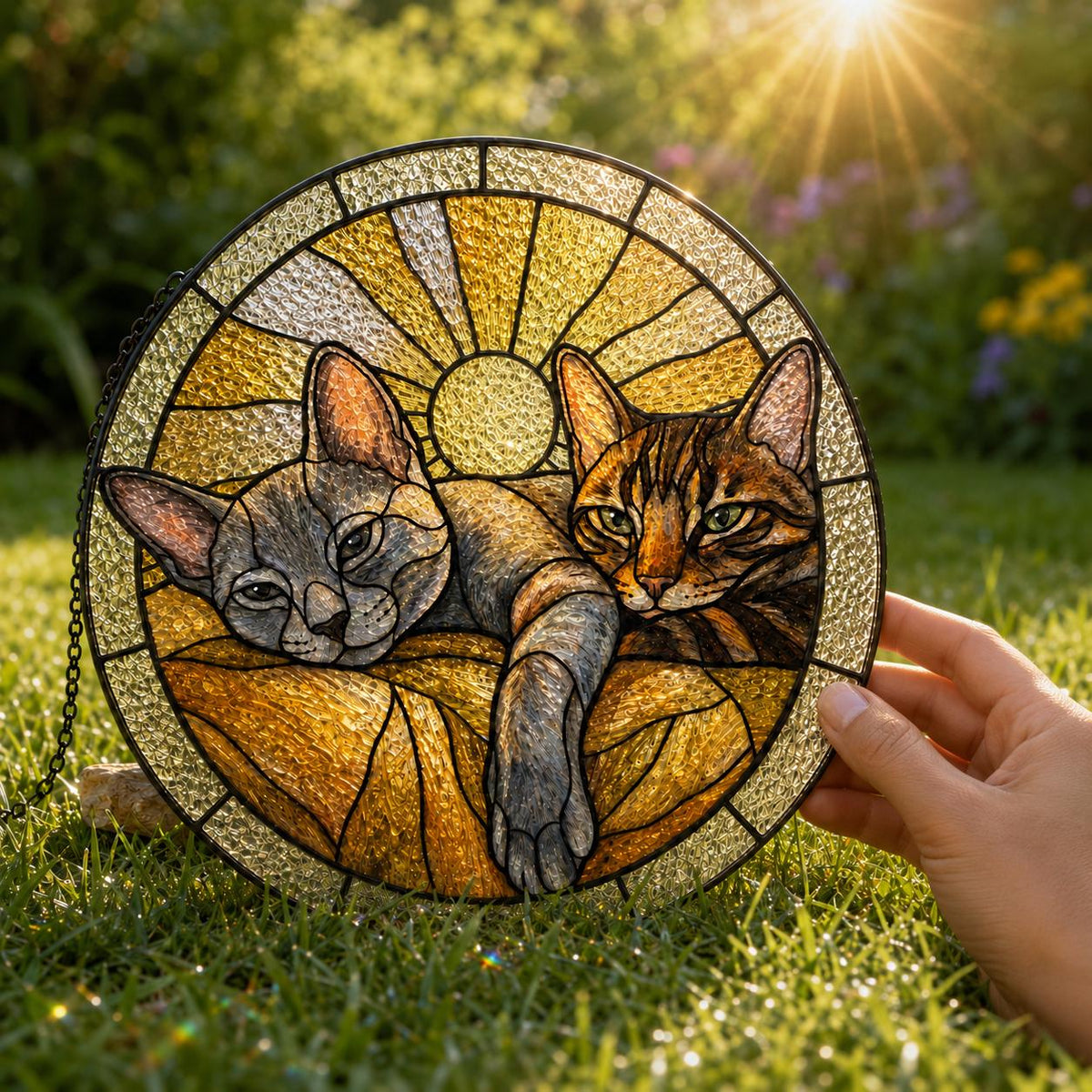 A circular stained glass suncatcher featuring two cats resting against a golden sunburst background. One cat is grey with smooth fur, while the other is a brown tabby with dark stripes. The piece is framed in black metal with a hanging chain.