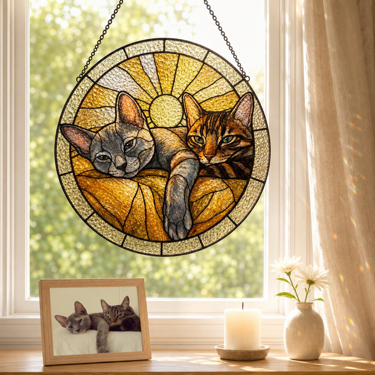 A circular stained glass suncatcher featuring two cats resting together against a golden sunburst background. The cats are rendered in shades of gray and brown, with one cat lying in front of the other. The piece is framed in black metal.