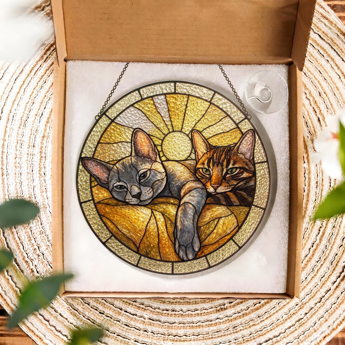 A circular stained glass suncatcher featuring two cats resting against a golden sunburst background. One cat is grey and the other is brown tabby. The piece is framed in a dark metal border with a hanging chain and a clear suction cup.