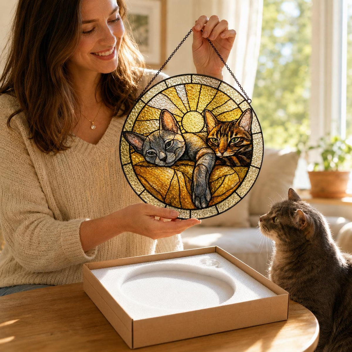 A circular stained glass suncatcher featuring two cats resting on a textured golden surface against a sunburst background. The piece is framed in a dark metal border and includes a thin black hanging chain attached to the top edge.