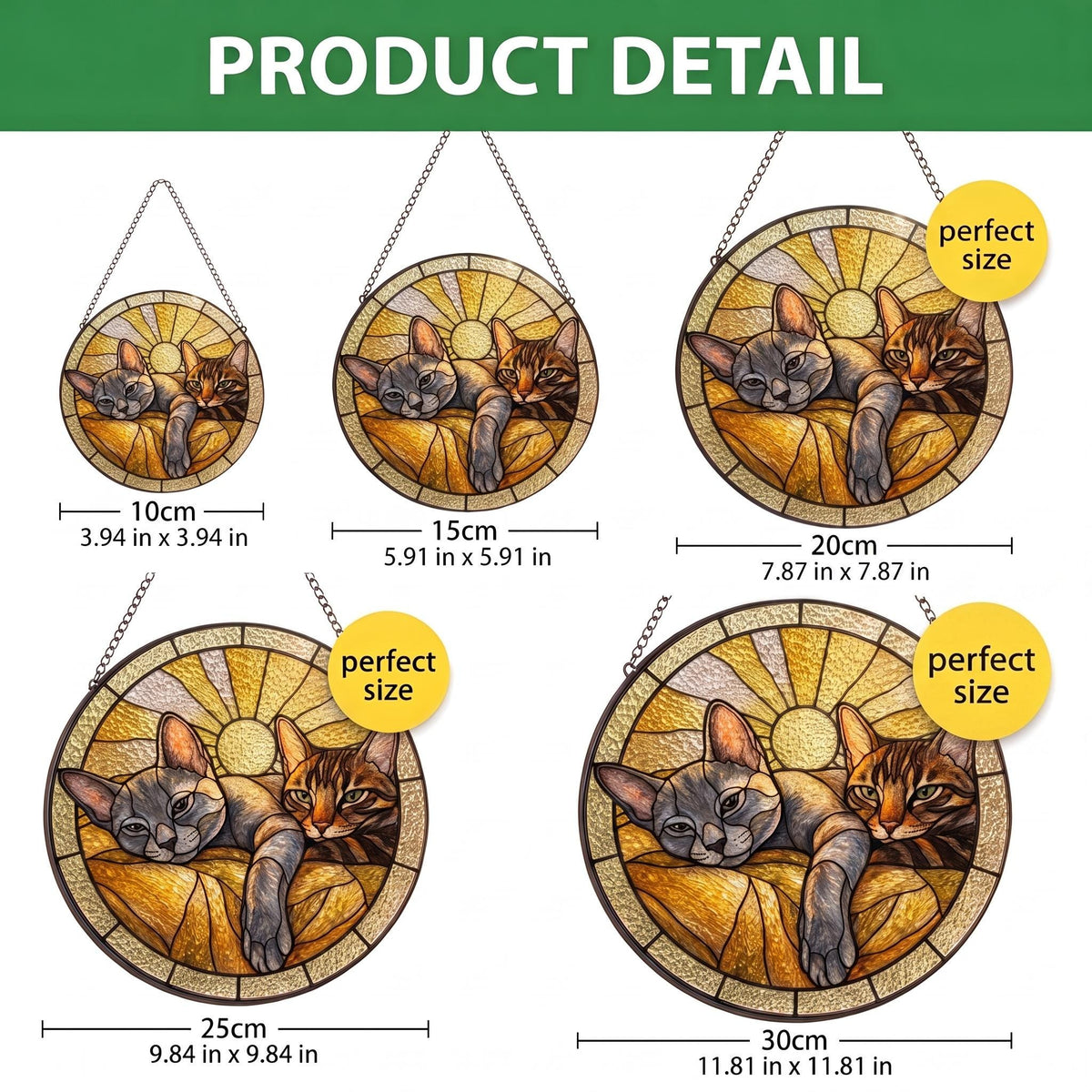 Five circular stained glass suncatchers featuring two cats resting against a sunburst background. Sizes range from 3.94 inches to 11.81 inches in diameter. Each piece includes a hanging chain and displays a warm yellow and brown color palette.