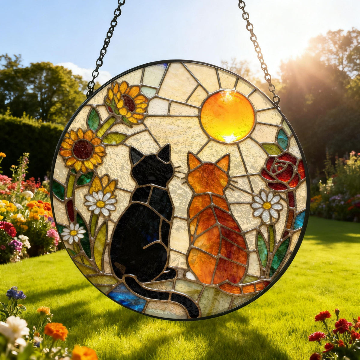 Black & Orange Cat Couple Garden Suncatcher - Custom Stained Glass Window Hanging - Gift For Cat Lovers