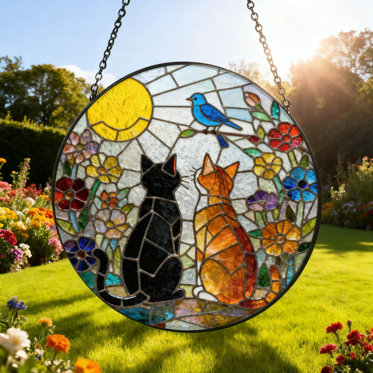 Round stained glass window art featuring two cats gazing at a bluebird perched on a branch. The artwork includes a yellow sun, colorful flowers, and a black metal frame. The window hangs from a chain.