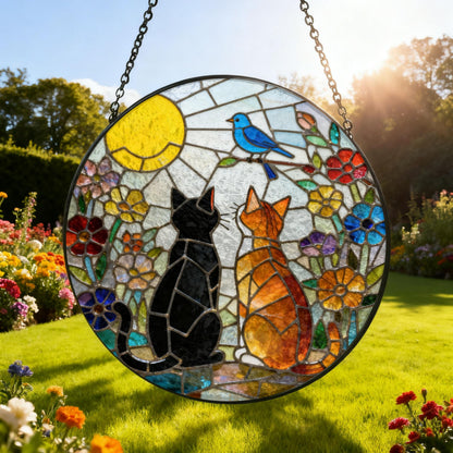 Round stained glass window art featuring two cats gazing at a bluebird perched on a branch. The artwork includes a yellow sun, colorful flowers, and a black metal frame. The window hangs from a chain.