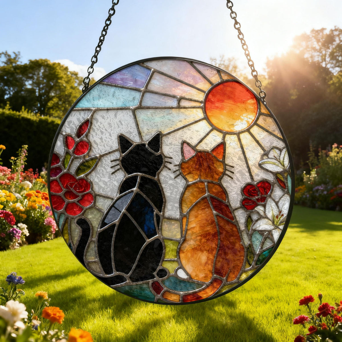 Black & Orange Cat Couple Garden Suncatcher - Custom Stained Glass Window Hanging - Gift For Cat Lovers