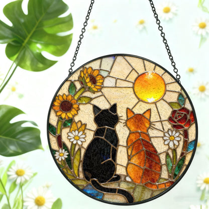 Black & Orange Cat Couple Garden Suncatcher - Custom Stained Glass Window Hanging - Gift For Cat Lovers