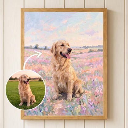 A framed oil painting of a golden retriever sitting in a field of pink and purple wildflowers under a soft pastel sky. A circular inset shows the original photograph of the same dog sitting in a green grass field with a white arrow.