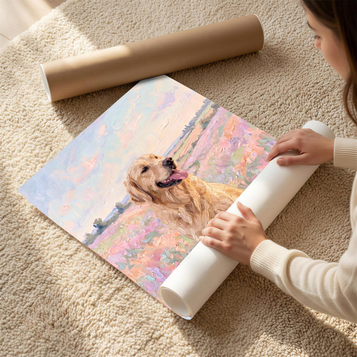 A square art print featuring an impressionistic oil painting of a golden retriever dog with its tongue out, set against a soft-toned landscape of pink, purple, and blue hues. The print is shown partially unrolled from a cardboard tube.