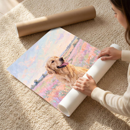 A square art print featuring an impressionistic oil painting of a golden retriever dog with its tongue out, set against a soft-toned landscape of pink, purple, and blue hues. The print is shown partially unrolled from a cardboard tube.