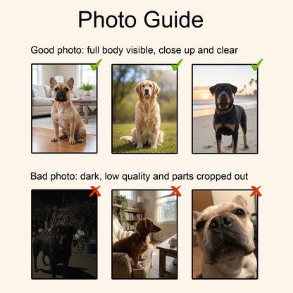 A photo guide infographic featuring the text Photo Guide, Good photo: full body visible, close up and clear, and Bad photo: dark, low quality and parts cropped out. It displays six dog photos with green checkmarks or red X marks.