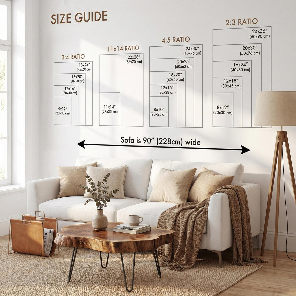 A wall-mounted size guide chart displaying various frame dimensions categorized by aspect ratios including 3:4, 11:14, 4:5, and 2:3. The chart includes measurements in inches and centimeters, positioned above a white sofa and a wooden coffee table.