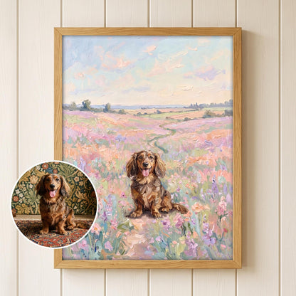A framed oil painting featuring a long-haired brown dachshund sitting in a field of pink and purple wildflowers under a soft pastel sky. A circular inset shows the original photograph of the same dog against a floral tapestry background.