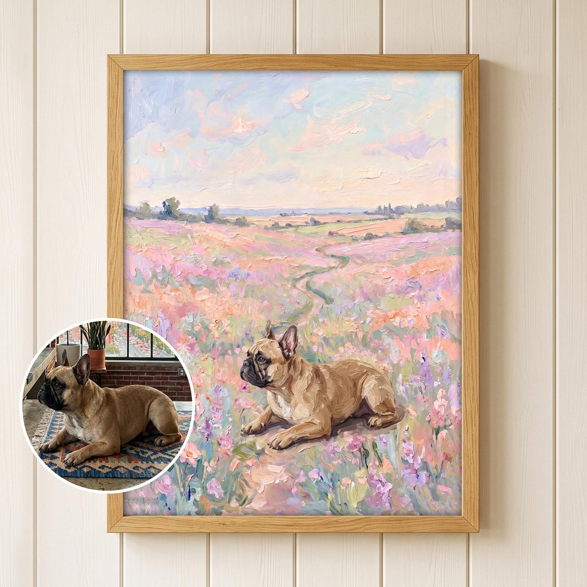 A framed oil painting featuring a tan French Bulldog lying in a field of pink and purple wildflowers under a soft pastel sky. A circular inset shows the original photograph of the tan dog resting on a patterned rug indoors.