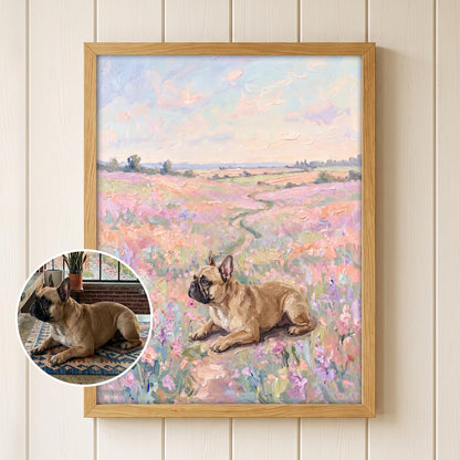A framed oil painting featuring a tan French Bulldog lying in a field of pink and purple wildflowers under a soft pastel sky. A circular inset shows the original photograph of the tan dog resting on a patterned rug indoors.