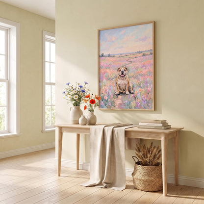 A framed wall art print featuring an oil painting of a tan bulldog sitting in a vibrant field of pink, purple, and yellow wildflowers under a soft pastel sky, displayed above a light wood console table with a linen runner.