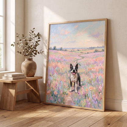 A framed oil painting featuring a black and white Boston Terrier standing in a vibrant field of pink, purple, and orange wildflowers under a soft pastel sky. The artwork is displayed in a light wood frame, capturing a scenic landscape.