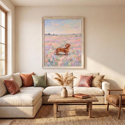 A rectangular wall art print featuring an oil painting of a brown dachshund standing in a vast field of pastel pink, purple, and blue wildflowers under a soft sky, framed in a light-colored wooden frame hanging on a beige wall.